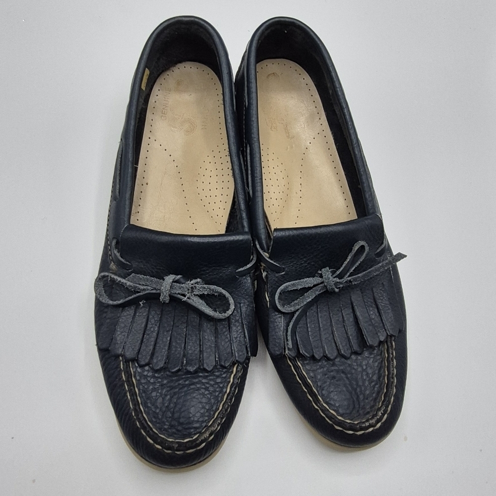 SAS Navy Leather Fringe Kiltie Loafers